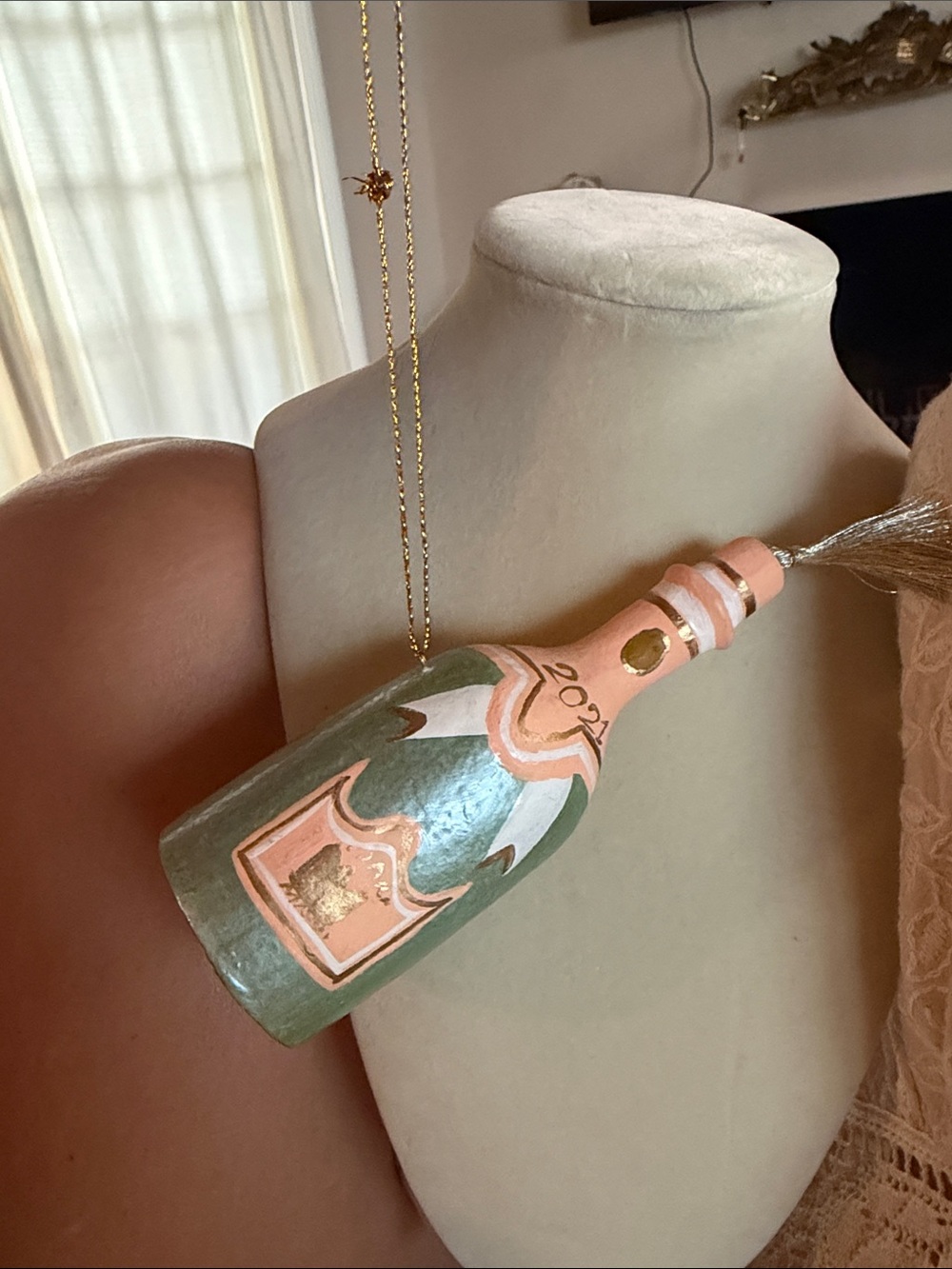 Hand-Painted Anthropologie champagne 2021 Bottle Ornament in Green and Pink
